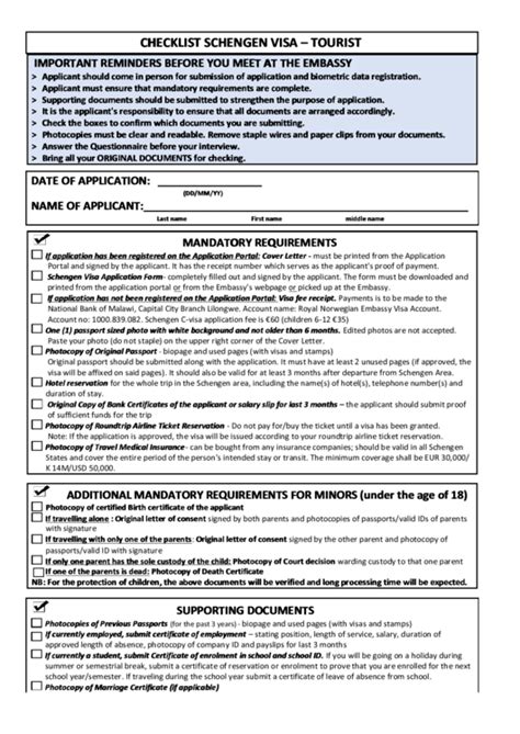 checklist for schengen visa application